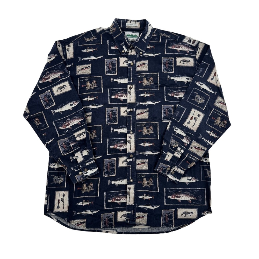 VTG Mountaintek Fishing Print Shirt Mens Large Navy Blue Good Cotton Button Down